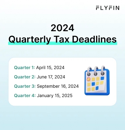 Infographic entitled Quarterly Tax Deadlines for 2024 depicting the schedule for quarterly tax payments with an estimated taxes calculator.