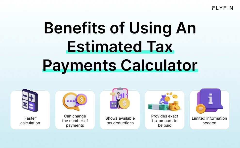 Infographic entitled Five Reasons to Use an Estimated Tax Payments Calculator highlighting the benefits of using an estimated taxes calculator.