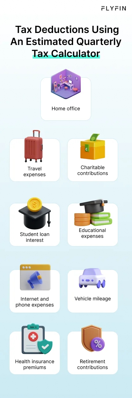 Infographic entitled Tax Deductions Using An Estimated Quarterly Tax Calculator listing nine business expenses that can be used to lower quarterly taxes.